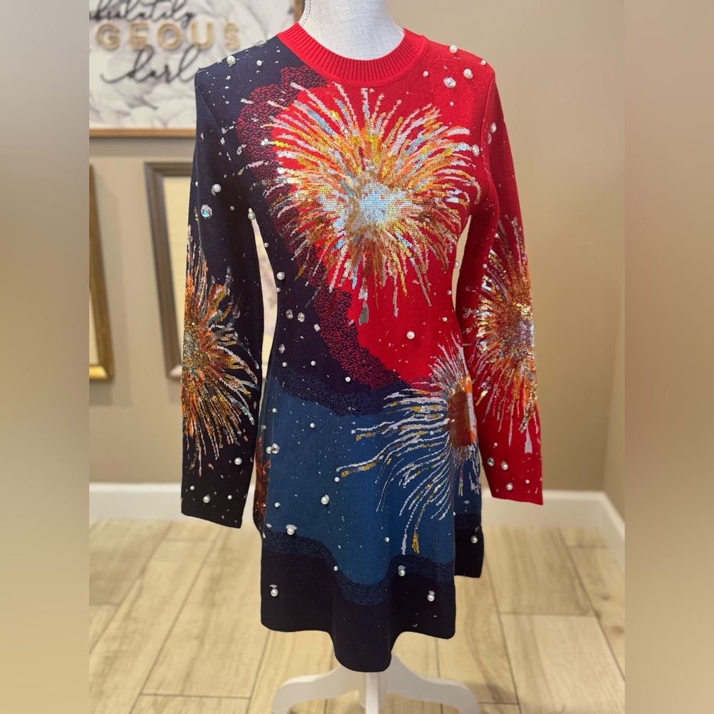 New! QUEEN OF SPARKLES Red & Blue Firework Pearl Sequin Sweater Dress